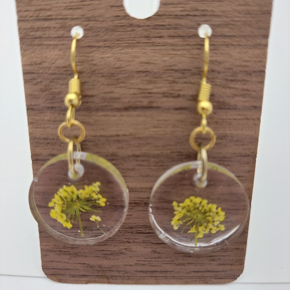Handcrafted Earrings Dried Flowers In Resin Gold Yellow Dangle Unique Natural